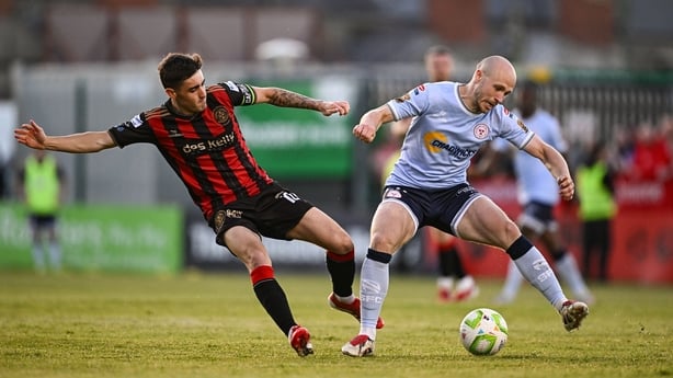 Kerr McInroy of Shelbourne in action against Dawson Devoy of Bohemians during the SSE Airtricity Men's Premier Division match between Bohemians and Shelbourne at Dalymount Park in Dublin.