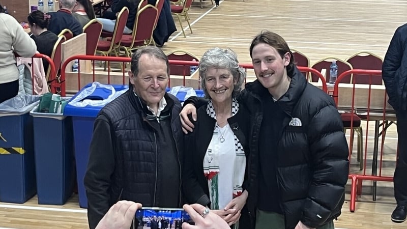 Catherine Connolly with her husband and one of her sons at the 2024 Galway West count