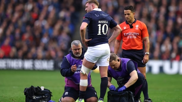 EDINBURGH, SCOTLAND - NOVEMBER 08: Finn Russell of Scotland receives treatment for a leg injury during the Quilter Nations Series 2025 rugby international match between Scotland and New Zealand at the Scottish Gas Murrayfield on November 08, 2025 in Edinburgh, Scotland. (Photo by Stu Forster/Getty I