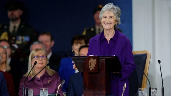 Newly inaugurated President Catherine Connolly delivers a speech at the inauguration ceremony in Dublin Castle