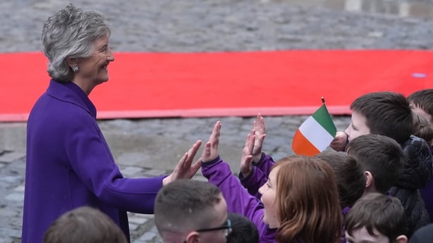 President Catherine Connolly speaks to school children from Francis Street School outside Dublin Castle after being inaugurated as Ireland's 10th president
