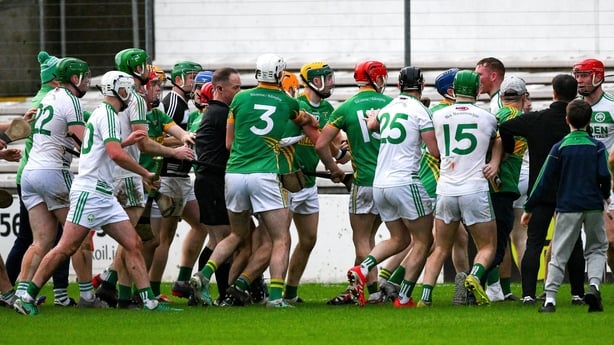 9 November 2025; Players from both sides jostle, as a supporter, five from right, joins in the affray, after the AIB Leinster GAA Hurling Senior Club Championship quarter-final match between Shamrocks Ballyhale and Kilcormac-Killoughey at UMPC Nowlan Park in Kilkenny. Photo by Ray McManus/Sportsfile
