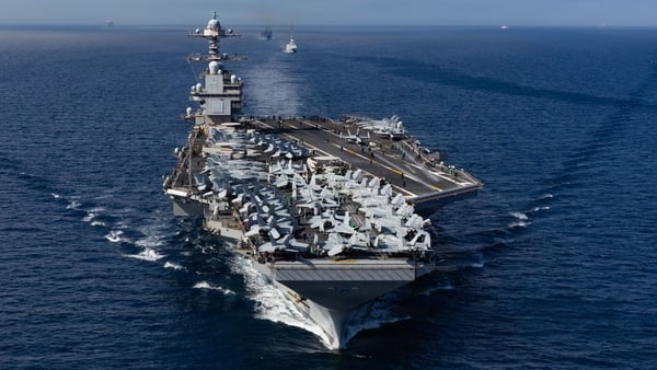 The world’s largest aircraft carrier, the USS Gerald R. Ford, sailing in the ocean