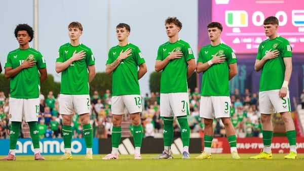 Republic of Ireland team stand for the playing of Amhrán na bhFiann before the FIFA Under-17 World Cup Group J match between Republic of Ireland and Paraguay at Aspire Zone in Doha, Qatar.