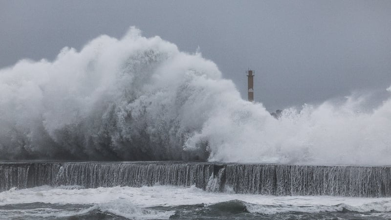 Strong waves crash against the sea wall in Yilan, Taiwan