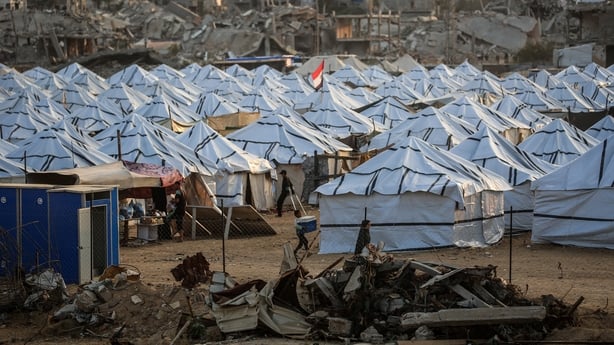 A general view a new displacement camp set up by the Egyptian Committee is pictured in Nuseirat in Gaza