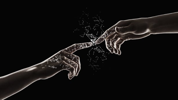 Particles connecting touching fingers on black background - artificial intelligence concept