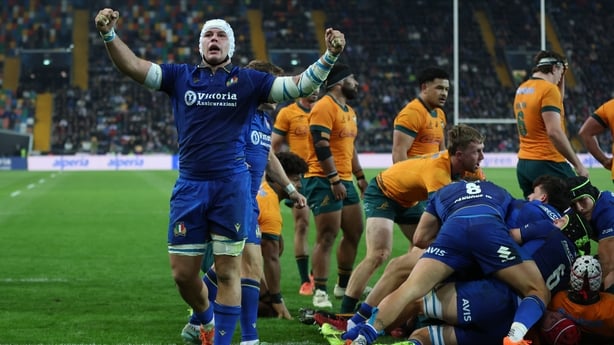 UDINE, ITALY - NOVEMBER 08: Manuel Zuliani of Italy reacts as his team win a turnover during the Quilter Nations Series 2025 match between Italy and Australia at Stadio Friuli on November 08, 2025 in Udine, Italy. (Photo by Timothy Rogers/Getty Images)