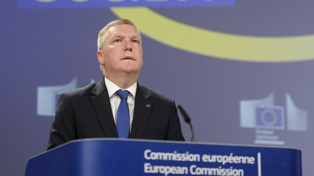 EU Commissioner Michael McGrath stands at a podium during a media event