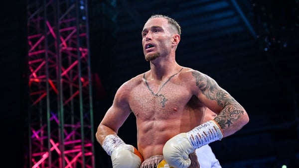 13 September 2025; Paddy Donovan during his IBF World Welterweight title bout against Lewis Crocker at Clearer Twist National Football Stadium at Windsor Park in Belfast. Photo by Ramsey Cardy/Sportsfile