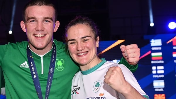 1 July 2023; Irish boxers, from left, Dean Clancy with his bronze medal, Jack Marley with his silver medal and gold medallist Kellie Harrington at the Nowy Targ Arena during the European Games 2023 in Krakow, Poland. Photo by David Fitzgerald/Sportsfile