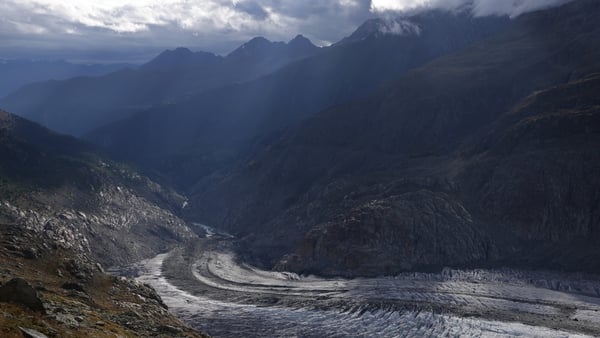 The Aletsch Glacier descends into a gorge it once filled near Bettmeralp, Switzerland