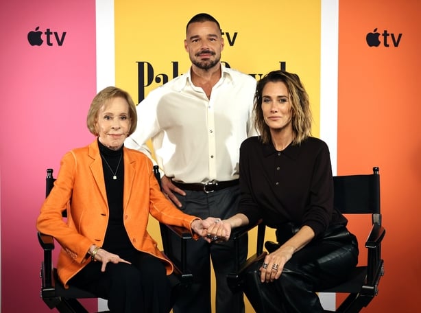 Carol Burnett, Ricky Martin, and Kristen Wiig attend the press day and photocall for the new season of Palm Royale on 27 October, 2025 in West Hollywood, California