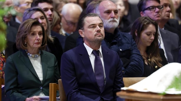 Mourners including (L-R) US Representative Nancy Pelosi (D-CA), actor and environmentalist Leonardo DiCaprio, chef José Andrés, and Senator Chris Coons (D-DE) attend the funeral service for conservationist Dr Jane Goodall at the Washington National Cathedral on 12 November, 2025 