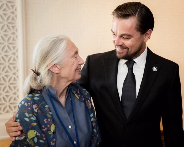 Dr Jane Goodall, UN Messengers of Peace, and Leonardo DiCaprio at the General Assembly before the United Nations Peace Bell Ceremony at United Nations HQ in New York in September 2016