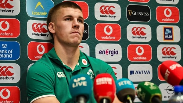 11 November 2025; Sam Prendergast during an Ireland Rugby media conference at the Sport Ireland Conference Centre at the Sport Ireland Campus in Dublin. Photo by David Fitzgerald/Sportsfile