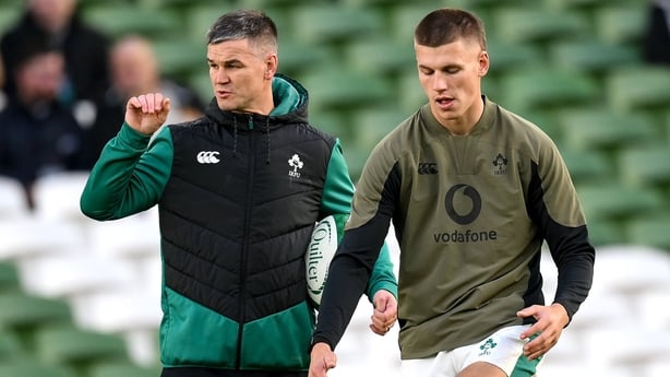 8 November 2025; Sam Prendergast of Ireland and Assistant coach Jonathan Sexton before the Quilter Nations Series 2025 match between Ireland and Japan at the Aviva Stadium in Dublin. Photo by Brendan Moran/Sportsfile