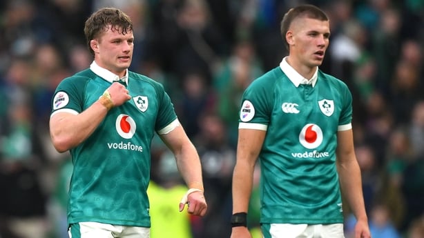 8 November 2025; Cian Prendergast, left, and Sam Prendergast of Ireland after the Quilter Nations Series 2025 match between Ireland and Japan at the Aviva Stadium in Dublin. Photo by Brendan Moran/Sportsfile