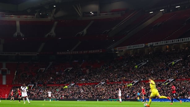A general interior view of Old Trafford as Mary Earps of PSG passes the ball during the UEFA Women's Champions League 2025/26 league phase match between Manchester United Women and Paris Saint-Germain at Old Trafford on November 12, 2025 in Manchester, England