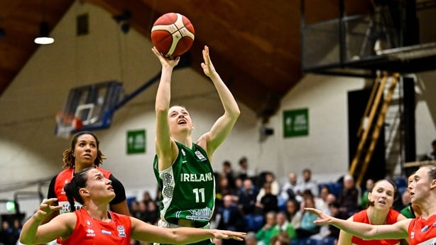 Edel Thornton of Ireland in action against Magaly Meynadier of Luxenbourg, 5, during the FIBA Women's EuroBasket 2027 Qualifiers Group A match between Ireland and Luxembourg at the National Basketball Arena in Dublin. 