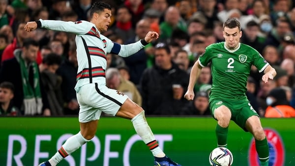 Portugal captain Ronaldo up against Republic of Ireland defender Seamus Coleman during the 2021 European qualifier between the teams in 2021