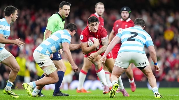Wales' Louis Rees-Zammit (centre) is tackled during the Quilter Nations Series match against Argentina