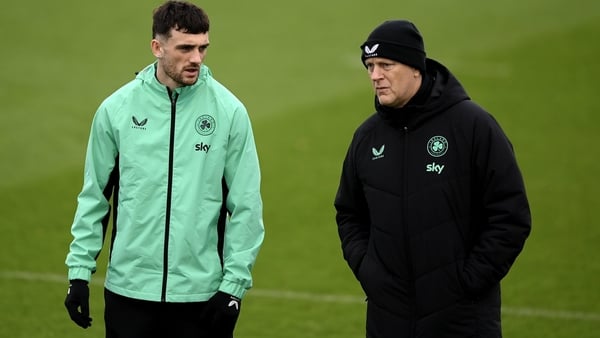 11 November 2025; Troy Parrott and head coach Heimir Hallgrimsson during a Republic of Ireland training session at the FAI National Training Centre in Abbotstown, Dublin. Photo by Stephen McCarthy/Sportsfile