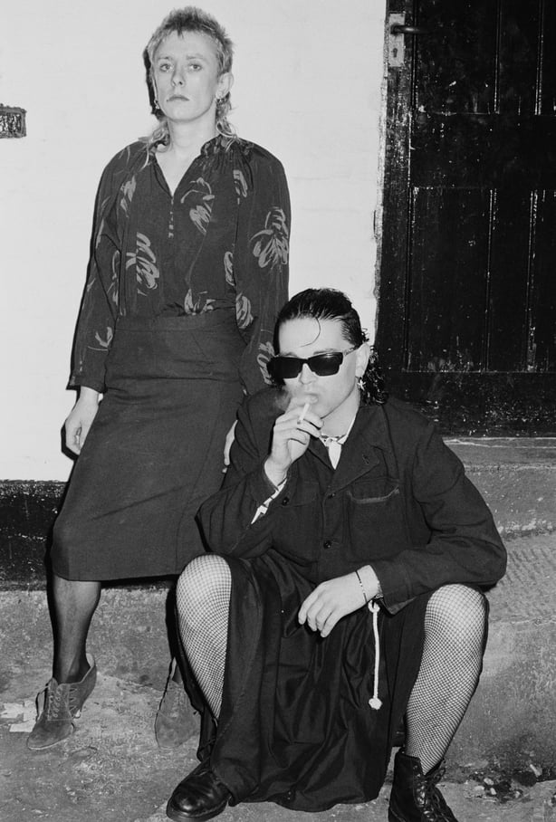 Guggi and Gavin Friday of Virgin Prunes, outside Heaven Club, Charing Cross, London, 1982. (Photo by Erica Echenberg/Redferns)