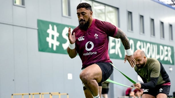 4 November 2025; Bundee Aki, left, and Jamison Gibson-Park during an Ireland Rugby training session at the IRFU High Performance Centre in Dublin. Photo by David Fitzgerald/Sportsfile