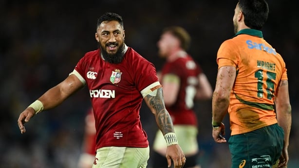 2 August 2025; Bundee Aki of British & Irish Lions, left, and Tom Wright of Australia during the third test match between Australia and the British & Irish Lions at Accor Stadium in Sydney, Australia. Photo by Brendan Moran/Sportsfile