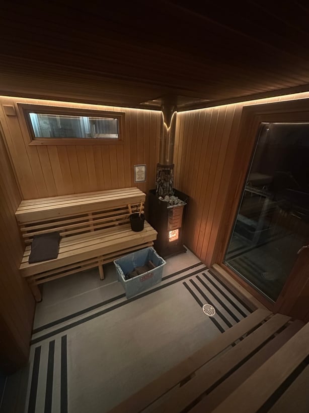 A photo of the interior of a sauna