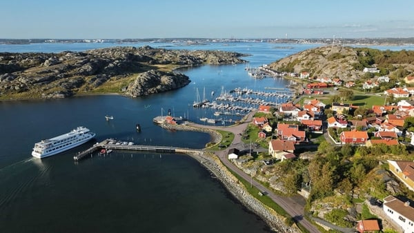 An aerial shot of a seaside town in Sweden