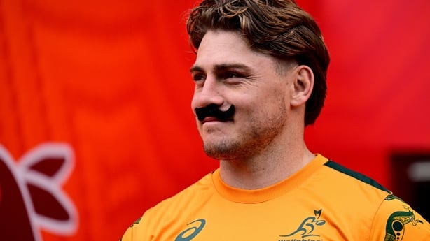 1 August 2025; James O�Connor, wearing a fake moustache in honour of the last international match for teammate Nic White, during the Australia rugby squad captain's run at Accor Stadium in Sydney, Australia. Photo by Brendan Moran/Sportsfile