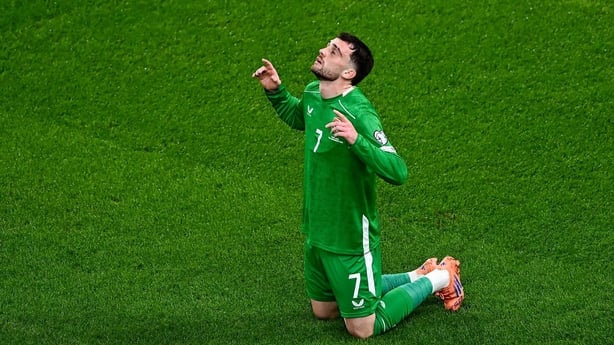 13 November 2025; Troy Parrott of Republic of Ireland celebrates after scoring his side's first goal during the FIFA World Cup 2026 Group F Qualifier match between Republic of Ireland and Portugal at the Aviva Stadium in Dublin. Photo by Piaras Ó Mídheach/Sportsfile