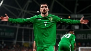 13 November 2025; Troy Parrott of Republic of Ireland celebrates after scoring his side's first goal during the FIFA World Cup 2026 Group F Qualifier match between Republic of Ireland and Portugal at the Aviva Stadium in Dublin. Photo by Stephen McCarthy/