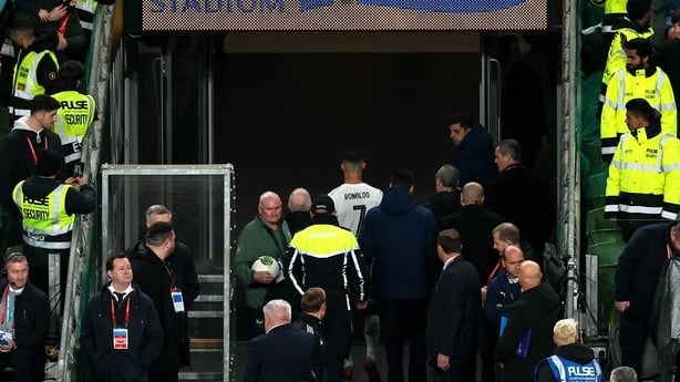 13 November 2025; Cristiano Ronaldo of Portugal leaves the field after been shown a red card during the FIFA World Cup 2026 Group F Qualifier match between Republic of Ireland and Portugal at the Aviva Stadium in Dublin. Photo by Michael P Ryan/Sportsfile