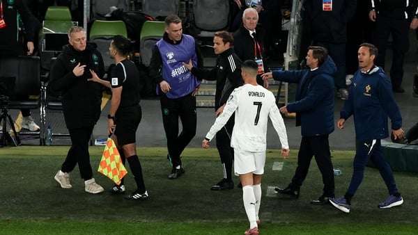 Cristiano Ronaldo of Portugal remonstrates with Republic of Ireland head coach Heimir Hallgrimsson after he was shown a red card during the FIFA World Cup 2026 Group F Qualifier match between Republic of Ireland and Portugal at the Aviva Stadium
