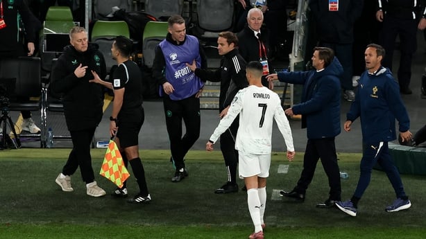 Cristiano Ronaldo of Portugal remonstrates with Republic of Ireland head coach Heimir Hallgrimsson after he was shown a red card during the FIFA World Cup 2026 Group F Qualifier match between Republic of Ireland and Portugal at the Aviva Stadium 