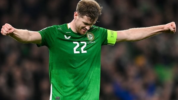 Dublin , Ireland - 13 November 2025; Nathan Collins of Republic of Ireland celebrates at the final whistle of the FIFA World Cup 2026 Group F Qualifier match between Republic of Ireland and Portugal at the Aviva Stadium in Dublin. (Photo By David Fitzgera