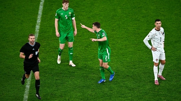 Dublin , Ireland - 13 November 2025; Cristiano Ronaldo of Portugal looks on as referee Glenn Nyber runs over to check the VAR screen before sending off Ronaldo during the FIFA World Cup 2026 Group F Qualifier match between Republic of Ireland and Portugal at the Aviva Stadium in Dublin. (Photo By Pi