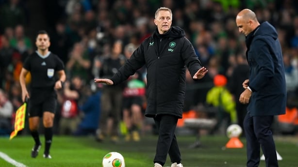 13 November 2025; Republic of Ireland head coach Heimir Hallgrimsson, left, and Portugal head coach Roberto Martínez during the FIFA World Cup 2026 Group F Qualifier match between Republic of Ireland and Portugal at the Aviva Stadium in Dublin. Photo by Stephen McCarthy/Sportsfile