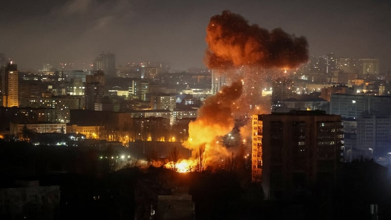 A drone explodes during a Russian missile and drone strike in Kyiv