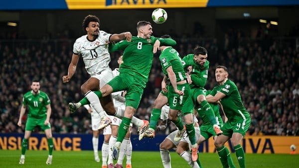 13 November 2025; Jack Taylor of Republic of Ireland in action against Renato Veiga of Portugal during the FIFA World Cup 2026 Group F Qualifier match between Republic of Ireland and Portugal at the Aviva Stadium in Dublin. Photo by David Fitzgerald/Sport