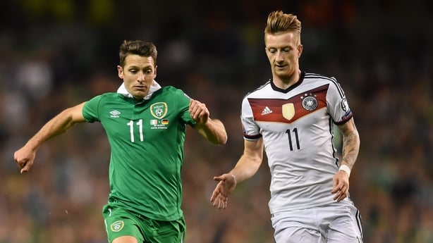 8 October 2015; Wes Hoolahan, Republic of Ireland, in action against Marco Reus, Germany. UEFA EURO 2016 Championship Qualifier, Group D, Republic of Ireland v Germany. Aviva Stadium, Lansdowne Road, Dublin. Picture credit: Ramsey Cardy / SPORTSFILE