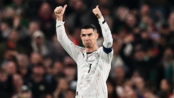 Cristiano Ronaldo of Portugal reacts after being shown a red card during the FIFA World Cup 2026 Group F Qualifier match between Republic of Ireland and Portugal at the Aviva Stadium in Dublin