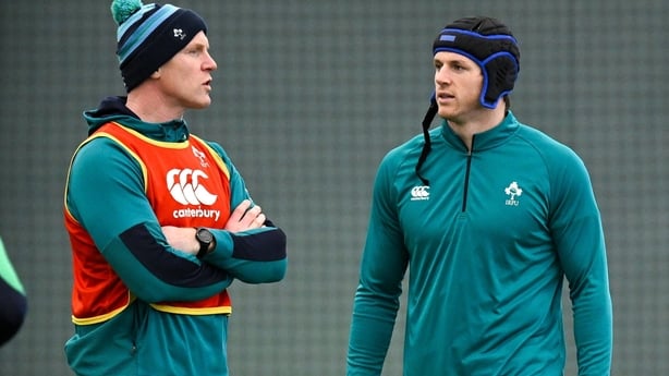 12 March 2024; Ryan Baird, right, and forwards coach Paul O'Connell during an Ireland rugby squad training session at the IRFU High Performance Centre at the Sports Ireland Campus in Dublin. Photo by Brendan Moran/Sportsfile