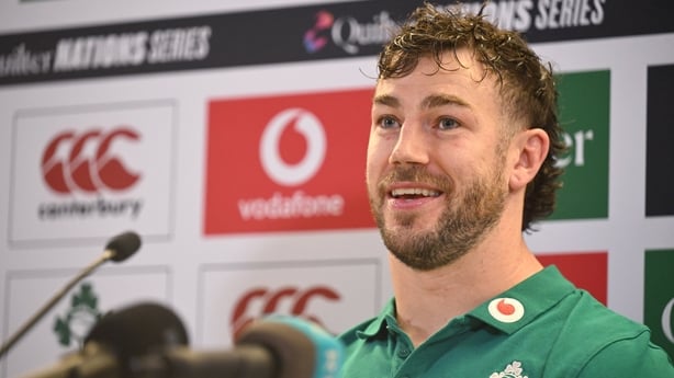 14 November 2025; Caelan Doris during an Ireland Rugby press conference at the Aviva Stadium in Dublin. Photo by Brendan Moran/Sportsfile