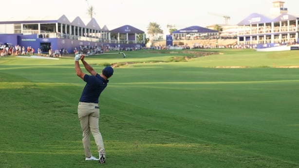 DUBAI, UNITED ARAB EMIRATES - NOVEMBER 14: Rory McIlroy of Northern Ireland plays his second shot on the 18th hole on day two of the DP World Tour Championship 2025 at Jumeirah Golf Estates on November 14, 2025 in Dubai, United Arab Emirates. (Photo by Luke Walker/Getty Images)