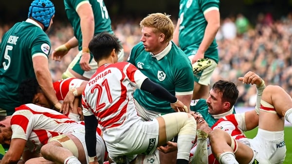 8 November 2025; Paddy McCarthy of Ireland, centre, celebrates after scoring his side's fifth try during the Quilter Nations Series 2025 match between Ireland and Japan at the Aviva Stadium in Dublin. Photo by Shauna Clinton/Sportsfile