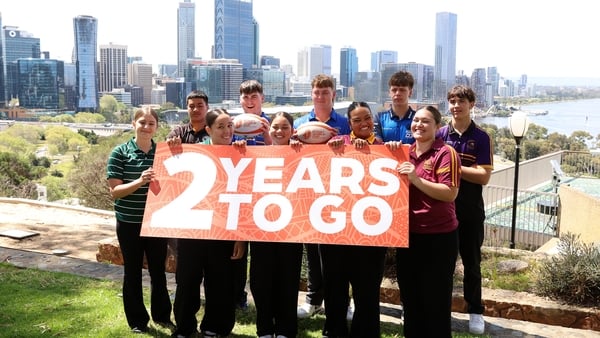 PERTH, AUSTRALIA - OCTOBER 01: Junior players pose during a media event celebrating Two Years to Go until the Rugby World Cup 2027 at Kings Park on October 01, 2025 in Perth, Australia. (Photo by Janelle St Pierre - World Rugby/World Rugby via Getty Image